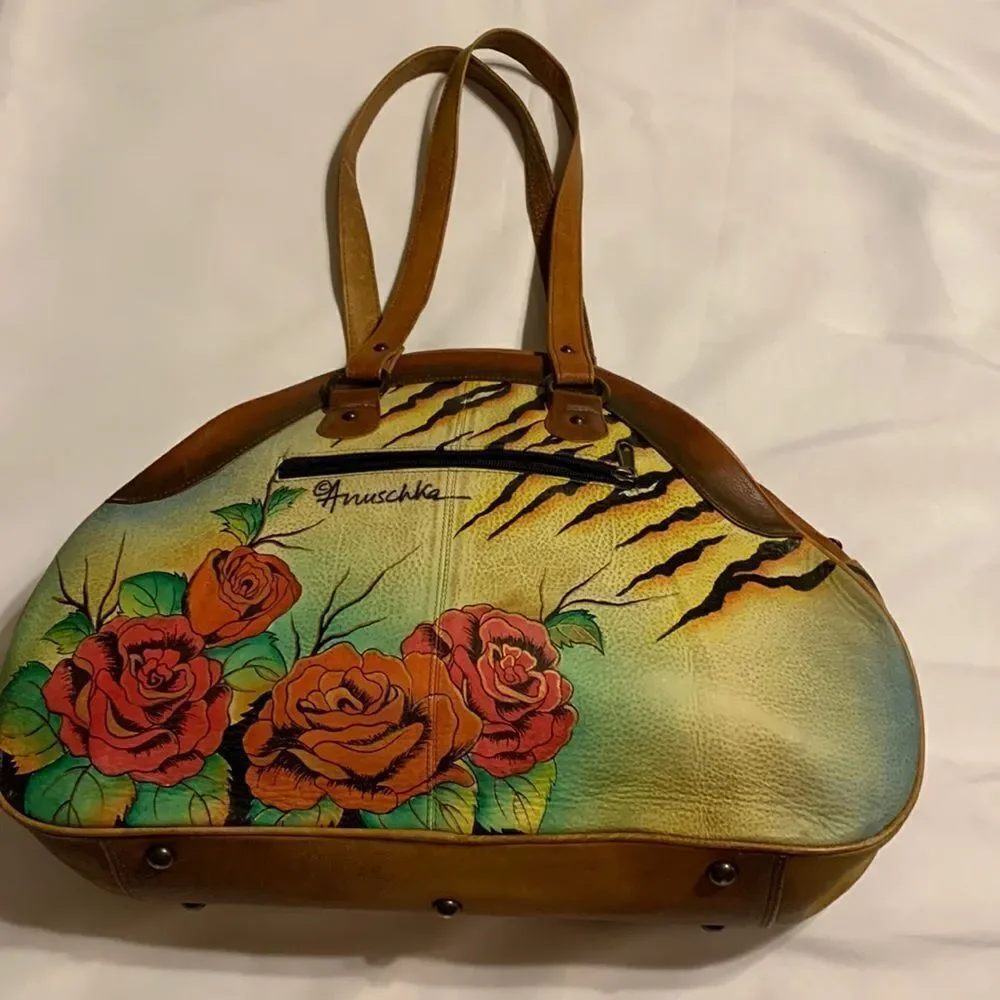 Anuschka RARE tiger & roses large hand painted shoulder bag.  EUC - Picture 2 of 12